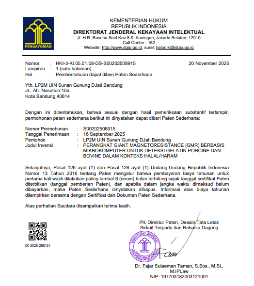 PERANGKAT GIANT MAGNETORESISTANCE (GMR) BERBASIS MIKROKOMPUTER UNTUK DETEKSI GELATIN PORCINE DAN BOVINE DALAM KONTEKS HALAL/HARAM