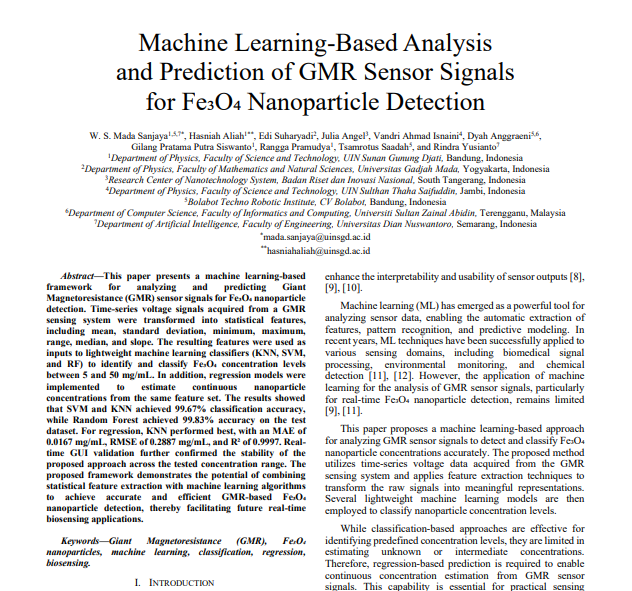 Machine Learning-Based Analysis and Prediction of GMR Sensor Signals for Fe₃O₄ Nanoparticle Detection